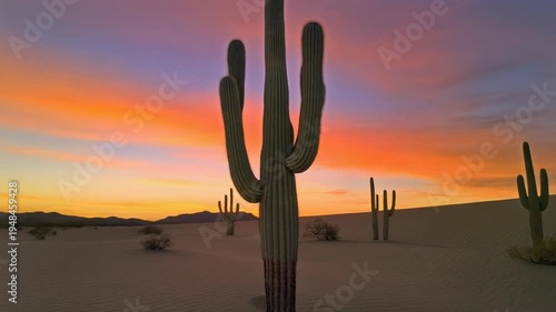A desert landscape with a tall cactus standing in the foreground, surrounded by smaller cacti and shrubs, set against a vibrant orange and purple desert sunset background