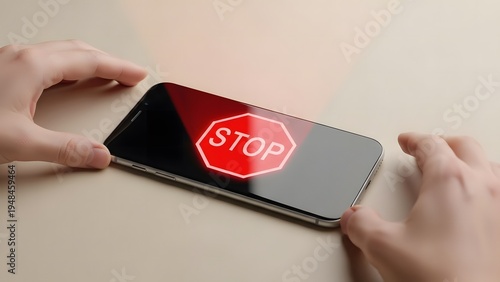 Hands near smartphone with glowing red stop sign on screen. Concept of digital detox, social media ban and screen time limit.
