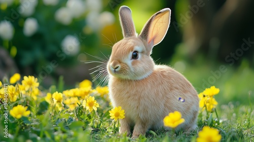 Rabbit Sitting Among Yellow Flowers in a Garden During a Sunny Day in Spring