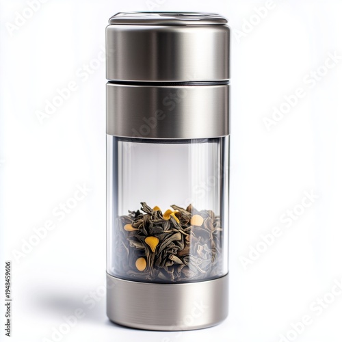 Glass Tea Infuser Bottle Shows Loose Tea and Water in the Container on a Plai...