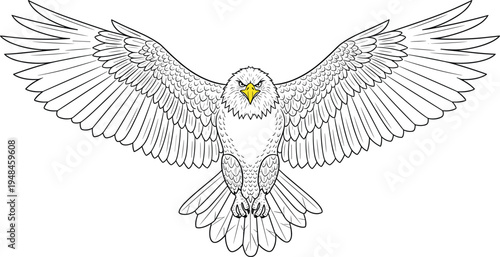 Detailed Illustration of Bald Eagle Flying with Spread Wings Isolated on White Background for Patriotic Symbols, American Freedom, and Wildlife
