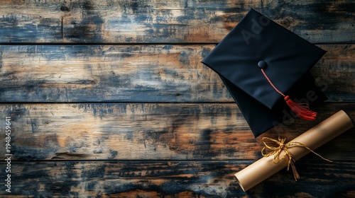 Graduation Cap and Diploma Lie on a Wooden Table During a Celebration of Acad...