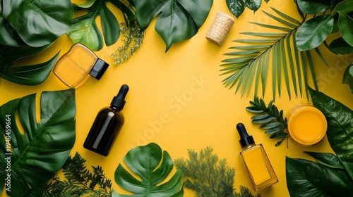 Bottles of Essential Oils and Natural Products Arranged on Yellow Background ...