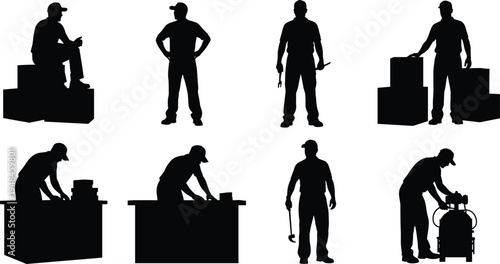 Black silhouette set of male delivery worker, handyman, and warehouse employee performing various logistics tasks, moving boxes,