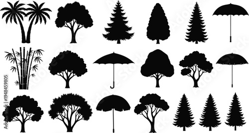 Black Silhouette Vector Set of Deciduous Trees, Evergreen Pines, Tropical Palms, Bamboo Plants, and Umbrellas Isolated on Transparent White Background