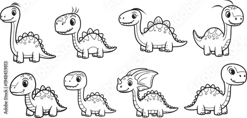 Cute Cartoon Dinosaur Coloring Pages – Baby Dino Line Art Vector Collection for Kids