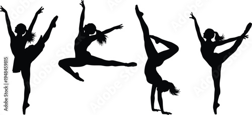 Black silhouettes of graceful ballet dancers and gymnasts performing athletic jumps, handstands, and elegant poses isolated on a white background.