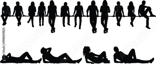 Black silhouettes of people sitting on a wall and lying on the ground isolated on white background for graphic design projects