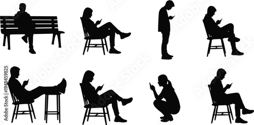 Black silhouettes of people using smartphones while sitting on chairs, benches, and standing, representing digital lifestyle, social media addiction, and connectivity.