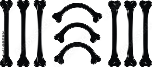 Black Stylized Human Bone Icons Set with Straight and Curved Skeletal Rib Elements Isolated on White Background for Medical Design
