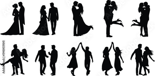 Couple Silhouette Set, Romantic Wedding Pair, Dancing Lovers, Husband and Wife, Groom and Bride, Evening Gown Fashion, Love Celebration Graphics.