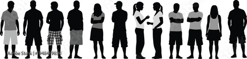 Diverse group of people silhouettes standing in a row wearing casual summer clothing and shorts for community and teamwork concept background