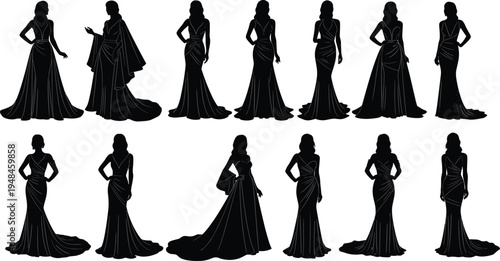 Elegant black silhouettes of evening gowns and luxury wedding dresses for fashion illustration, bridal boutique branding, and formal event invitation design