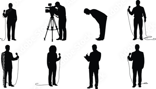Journalist and news reporter silhouettes set with cameraman, press conference interviewers holding microphones, media broadcasting staff, professional television crew vector.