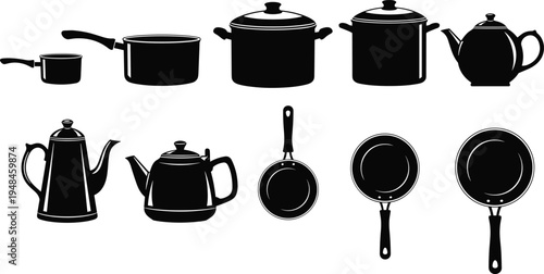 Kitchenware set of black silhouettes including pots pans saucepans frying pans and teapots for cooking icons and culinary design elements