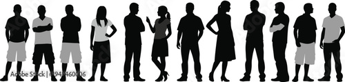 Black and grey silhouettes of diverse people standing in a row, casual men and women group representing community, teamwork and unity.