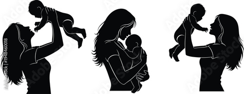 Silhouette of a loving mother lifting and cradling her newborn baby, set of maternal affection illustrations for motherhood and parenting.