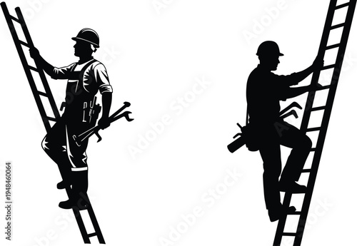 Construction workers climbing ladders silhouette building industry professionals