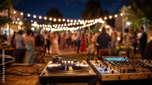 DJ Setup at an Outdoor Evening Party with String Lights and Dancing Guests.