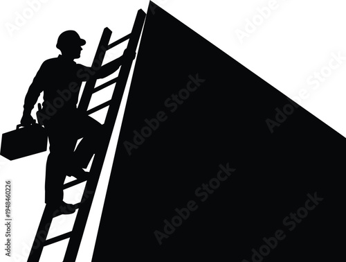 Construction worker silhouette climbing ladder with toolbox