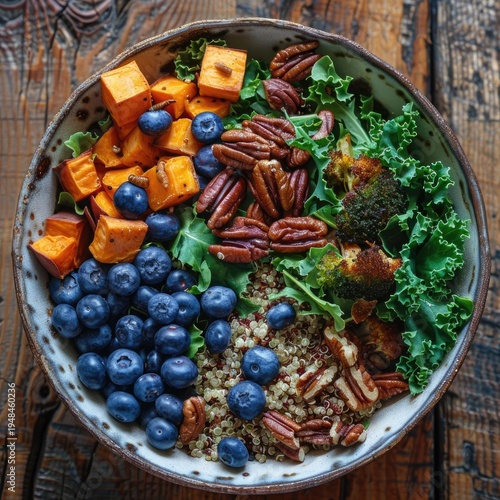 Healthy and Colorful Vegan Power Bowl with Roasted Sweet Potatoes, Blueberries, Pecans, Quinoa, and Kale.