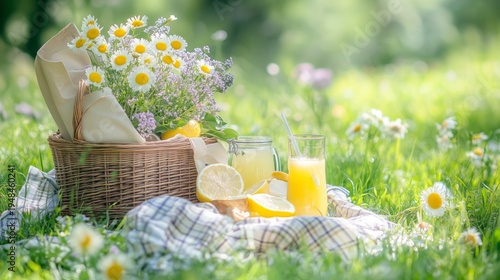Picnic Setup With Lemonade and Flowers in a Sunny Green Field on a Summer Day