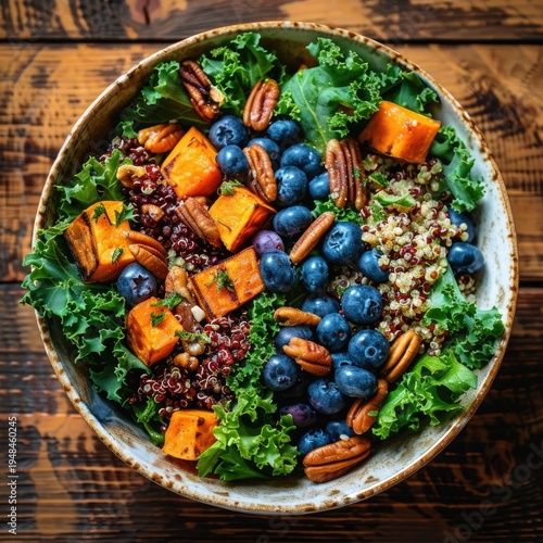 Healthy and vibrant kale salad with roasted sweet potatoes, blueberries, pecans, and quinoa in a rustic bowl.