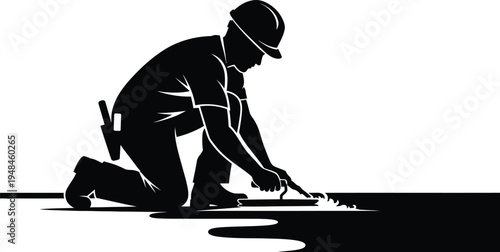 Construction worker silhouette applying sealant on a surface