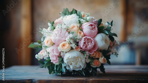 Colorful Bouquet of Peonies and Roses in a Bright Room With Soft Lights in th...