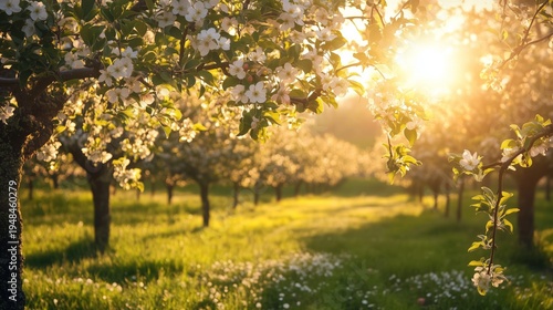 Blossoming Trees in a Bright Field During Spring Afternoon Light