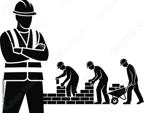Construction worker silhouette building and construction site with bricklayers and hard hat worker