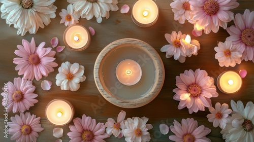 Decorative Setup With Candles and Pink Flowers on a Wooden Table in a Relaxin...