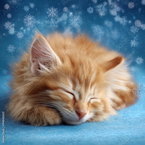 Cute Orange Kitten Sleeps Surrounded by Snowflakes on Blue Background in Wint...