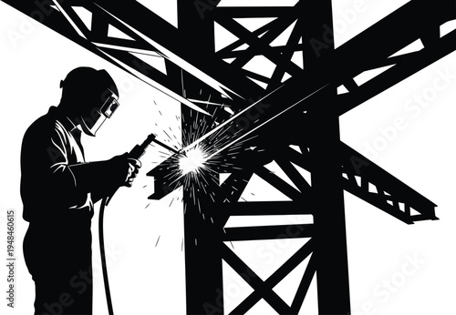 Construction worker welding silhouette building industry professional at work