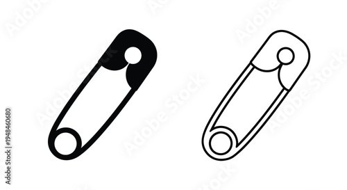 Two safety pins one filled depicted in a simple black and white silhouette