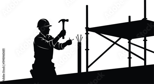 Construction worker silhouette building structure with hammer