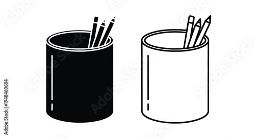 Two cylindrical containers filled with pencils a stark black silhouette