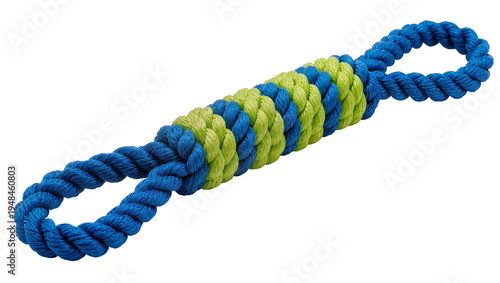 Durable blue and vibrant green braided rope dog toy, intricately woven for chewing and play, isolated PNG on transparent background, perfect for pet product designs