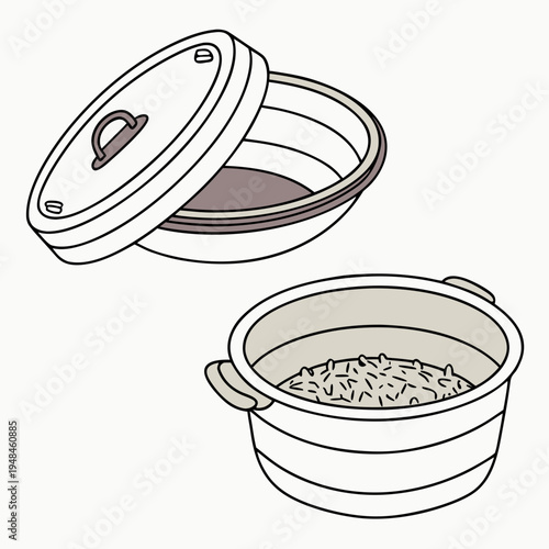 Two ceramic pots with different contents pot with rice pot with liquid kitchenware cooking pots