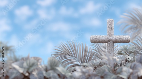 Wooden Cross Stands Among Green Plants and Blue Sky During the Day