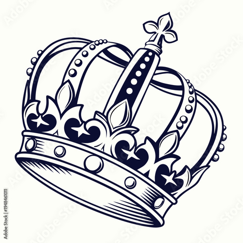 Ornate crown with jewels and decorative black and white line grayscale