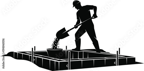Construction worker silhouette digging on building site with shovel