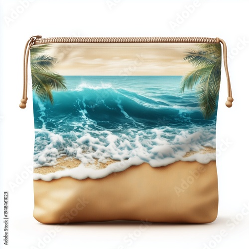 Beach Themed Pouch With Ocean Waves and Sand Illustration on a Soft Surface