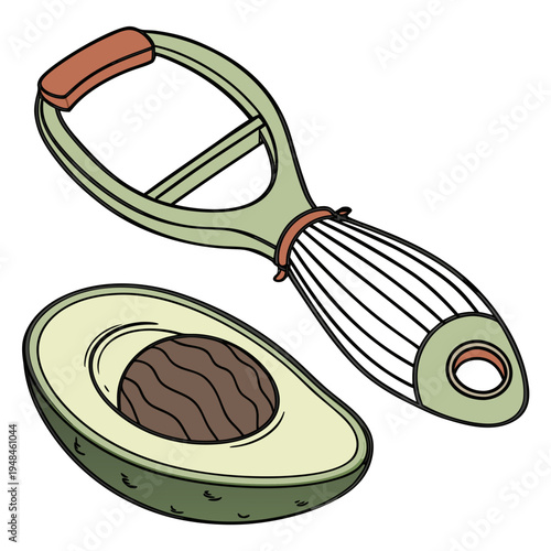 Avocado slicer and halved avocado with pit on white background fruit kitchen cooking