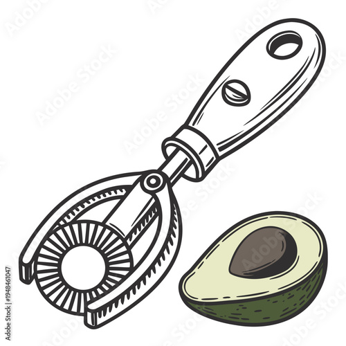 Avocado slicer and halved avocado in black and white on white background fruit kitchen