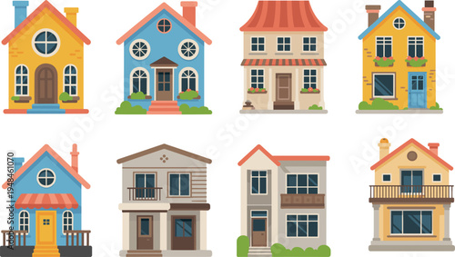 Certainly! Here's an SEO-friendly title with exactly 20 words for Adobe Stock: "Vibrant Collection of Colorful Houses Illustrations for Real Estate, Architecture, Home Design, Property
