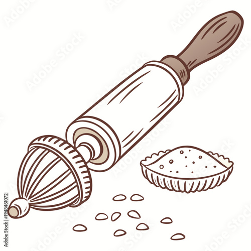 Rolling pin and pie crust with seeds on a white background baking