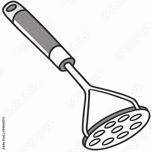 Black and white of a potato masher with a handle kitchen tool cooking utensil
