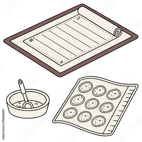 Baking accessories including tray, bowl, and baking mat on white background baking tray