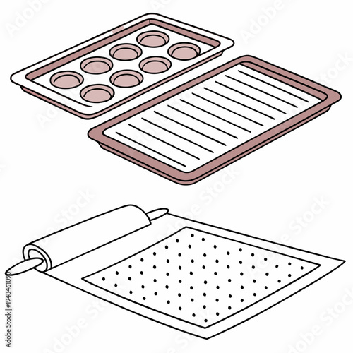 Baking trays and baking sheet on white background rolling pin kitchen baking accessories